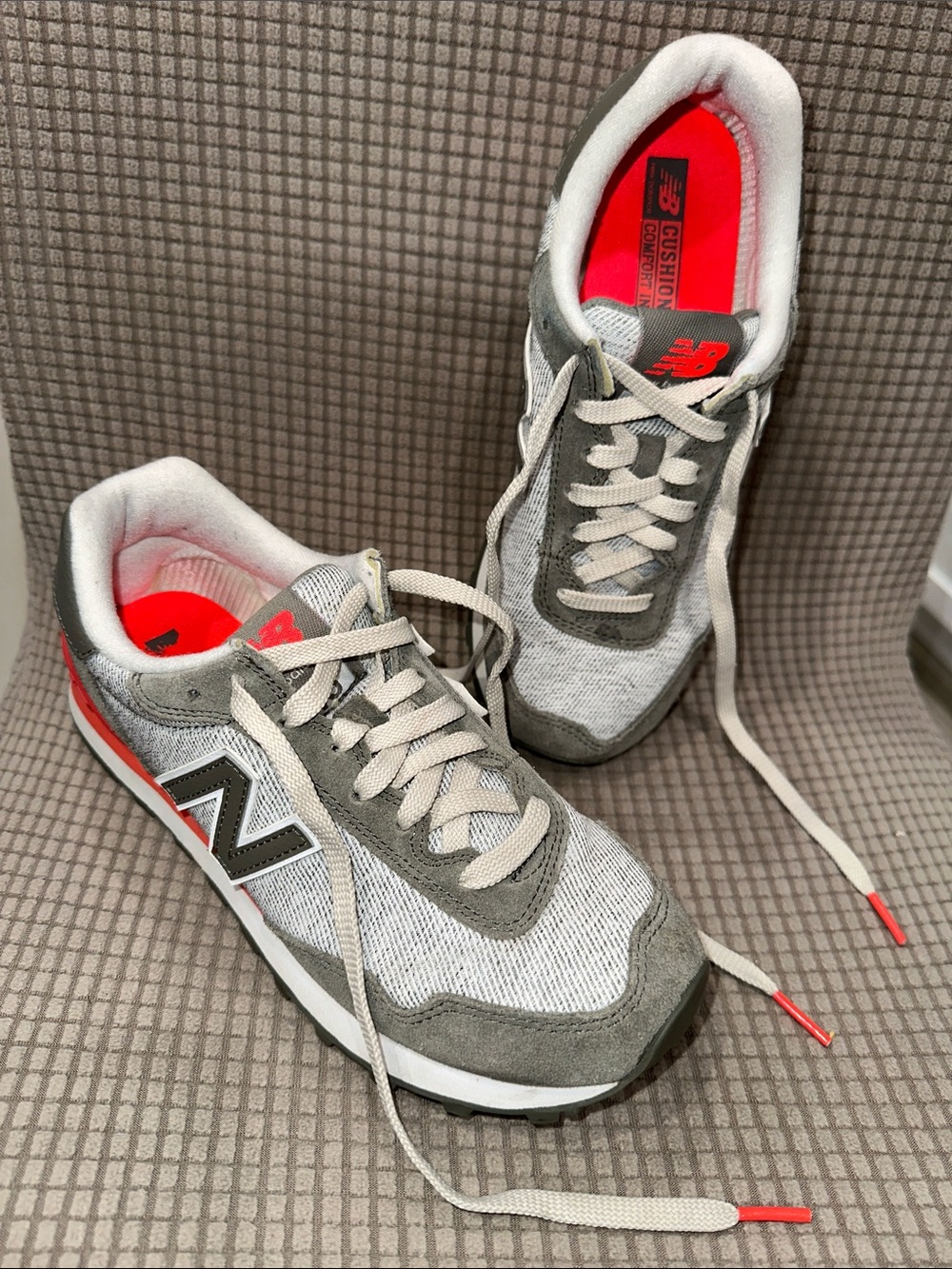 Women’s 7 New Balance Grey with green suede Neon Coral Accent Running Shoes